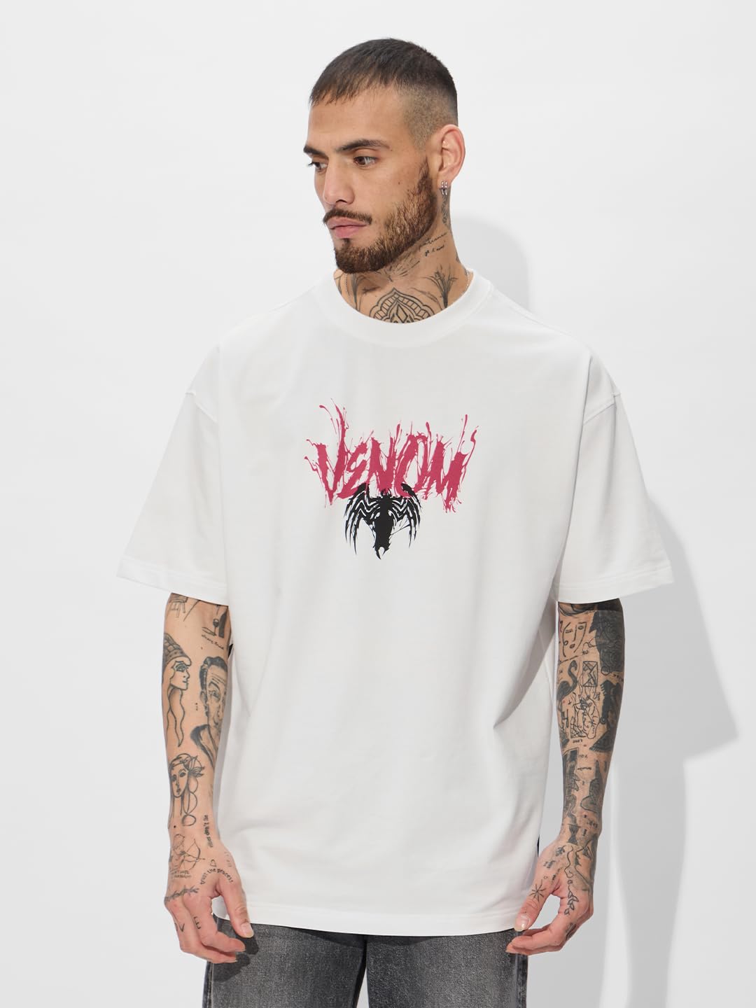 The Souled Store Official Marvel: Eddie Brock Oversized T-Shirt for Men Boys Cotton Casual Half Sleeves Baggy Loose Fit Drop Shoulder Round Neck White