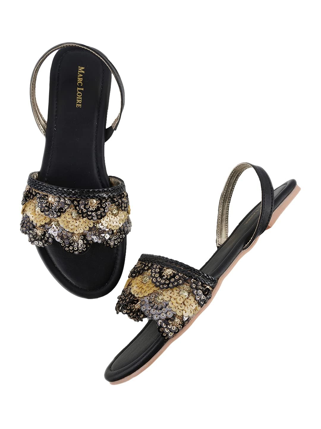 Marc Loire Women's Embroidered and Embellished Flat Fashion Sandals (Black, 5)