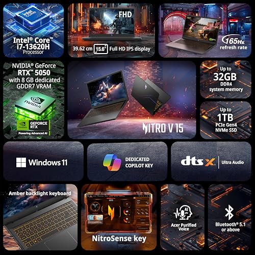 acer Nitro V 15, Intel core i7-13th Gen 13620H,NVIDIA GeForce RTX - 5050 8GB, 16 GB,512 GB,Full HD IPS,15.6"/39.62 cm,165 Hz, Win 11 Home, Obsidian Black, 2.113 kg, ANV15-52, Amber KB,Gaming Laptop
