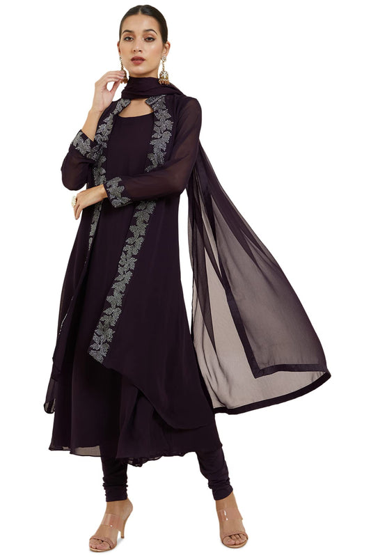 Soch Women Purple Georgette Embellished Suit Set