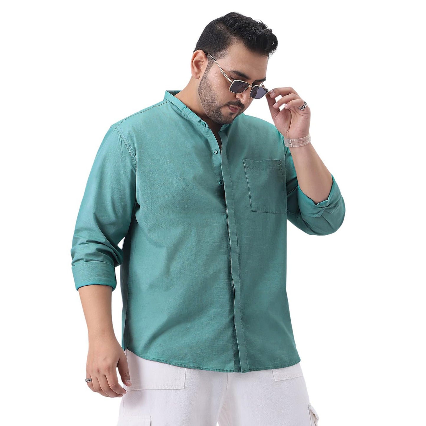 Urbano Plus Men's Light Teal Cotton Full Sleeve Regular Fit Casual Solid Shirt with Band Collar (plusshirtsolbndp-02-lteal-3xl)