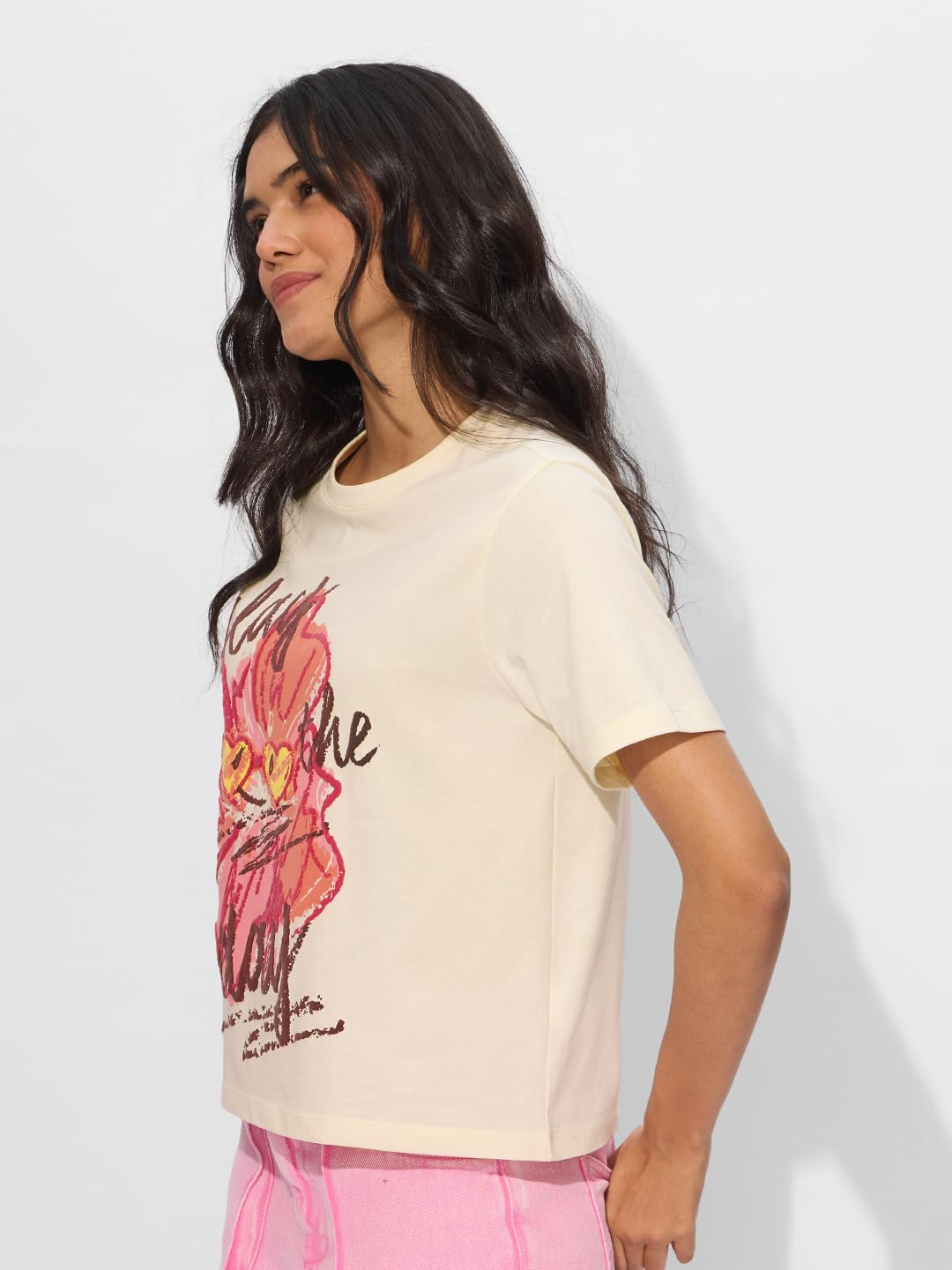The Souled Store Let's Slay! Women and Girls Short Sleeves Round Neck Off White Graphic Printed Cotton Oversized T-Shirts