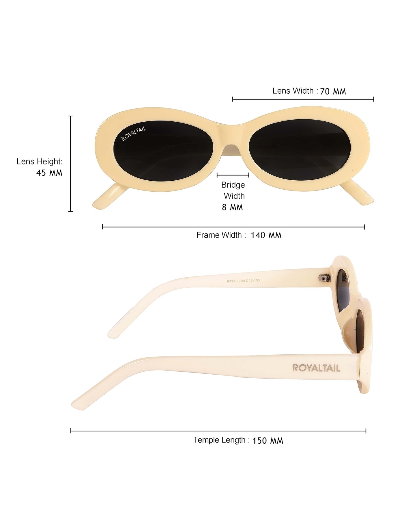 Royaltail Oval Retro Shape Sunglasses Cream Frame & Black Glass Unisex 100% UV Protected | For Men & Women | For Protection, Safety, Party, Styling