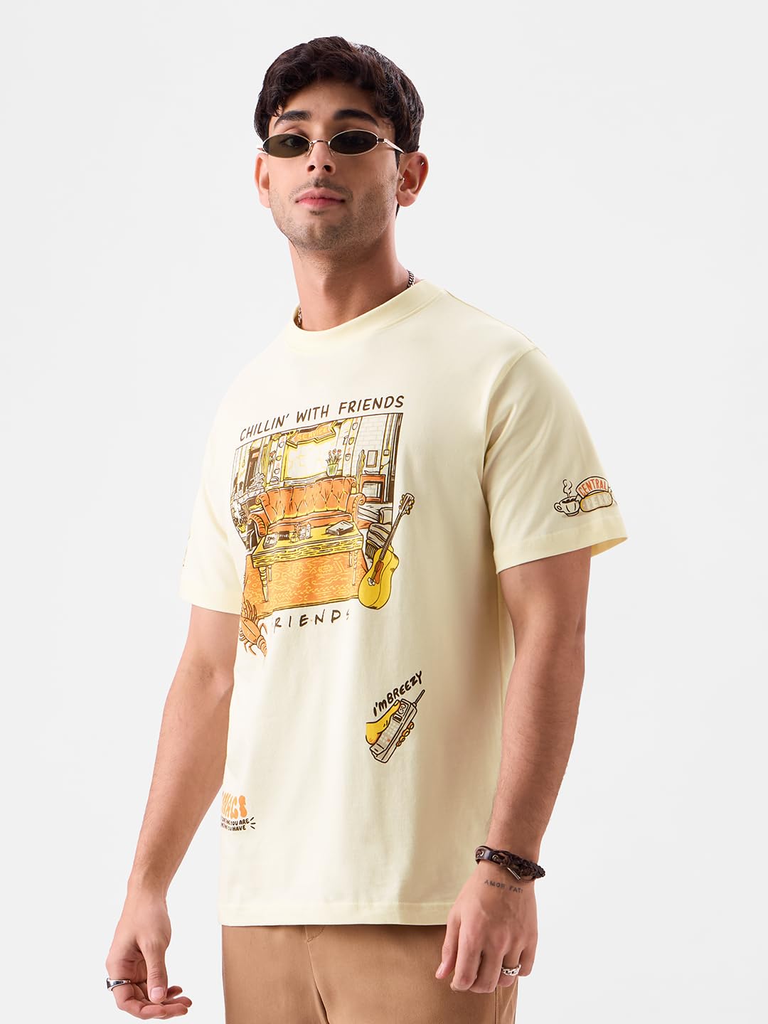 The Souled Store Official F.R.I.E.N.D.S: Chillin' Men and Boys Regular Fit Half Sleeve Graphic Printed Cotton Yellow Color T-Shirt