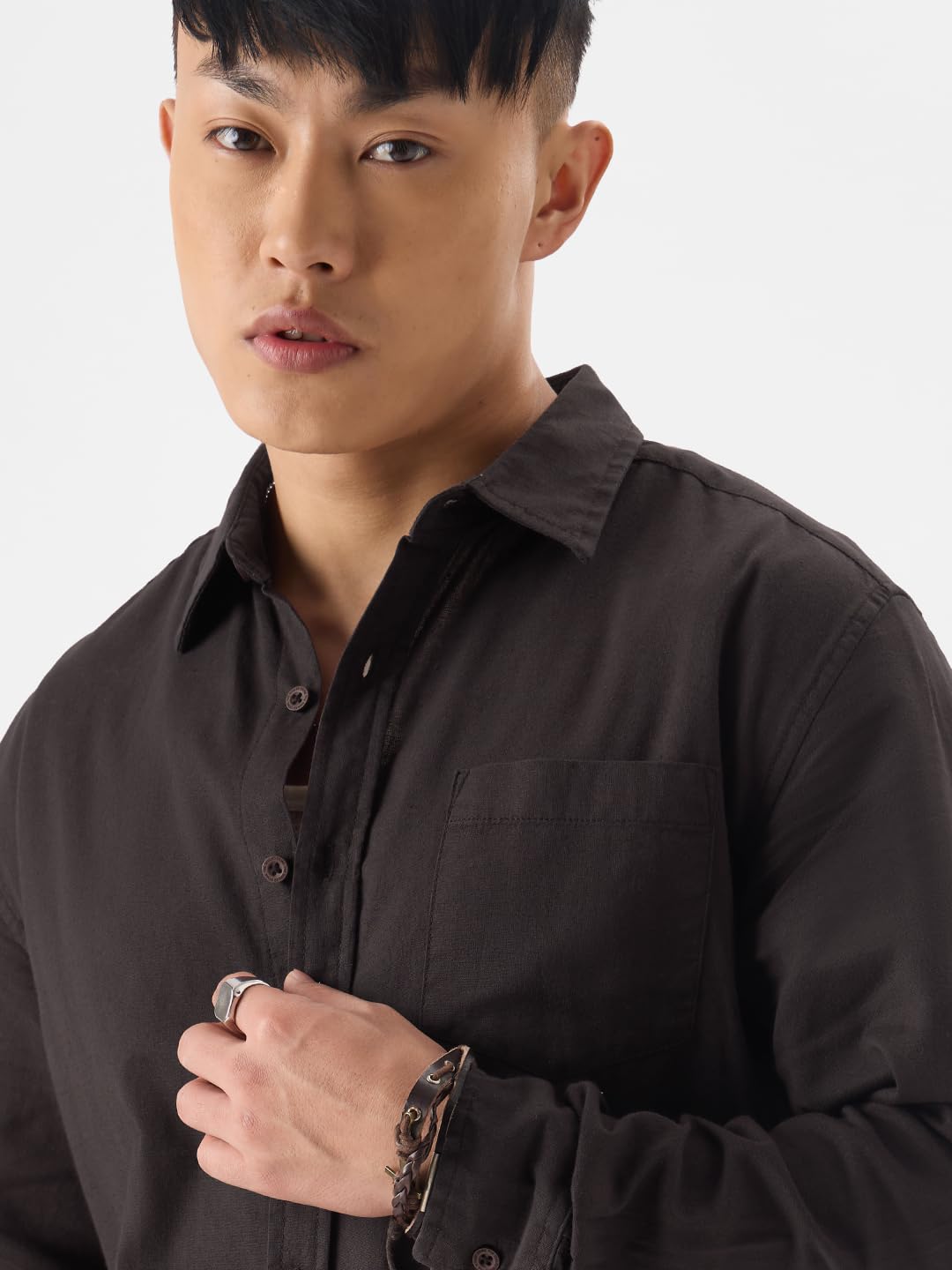 The Souled Store Grey Brown Men and Boys Long Sleeves Collared Neck Button Front Regular Fit Cotton Linen Shirts