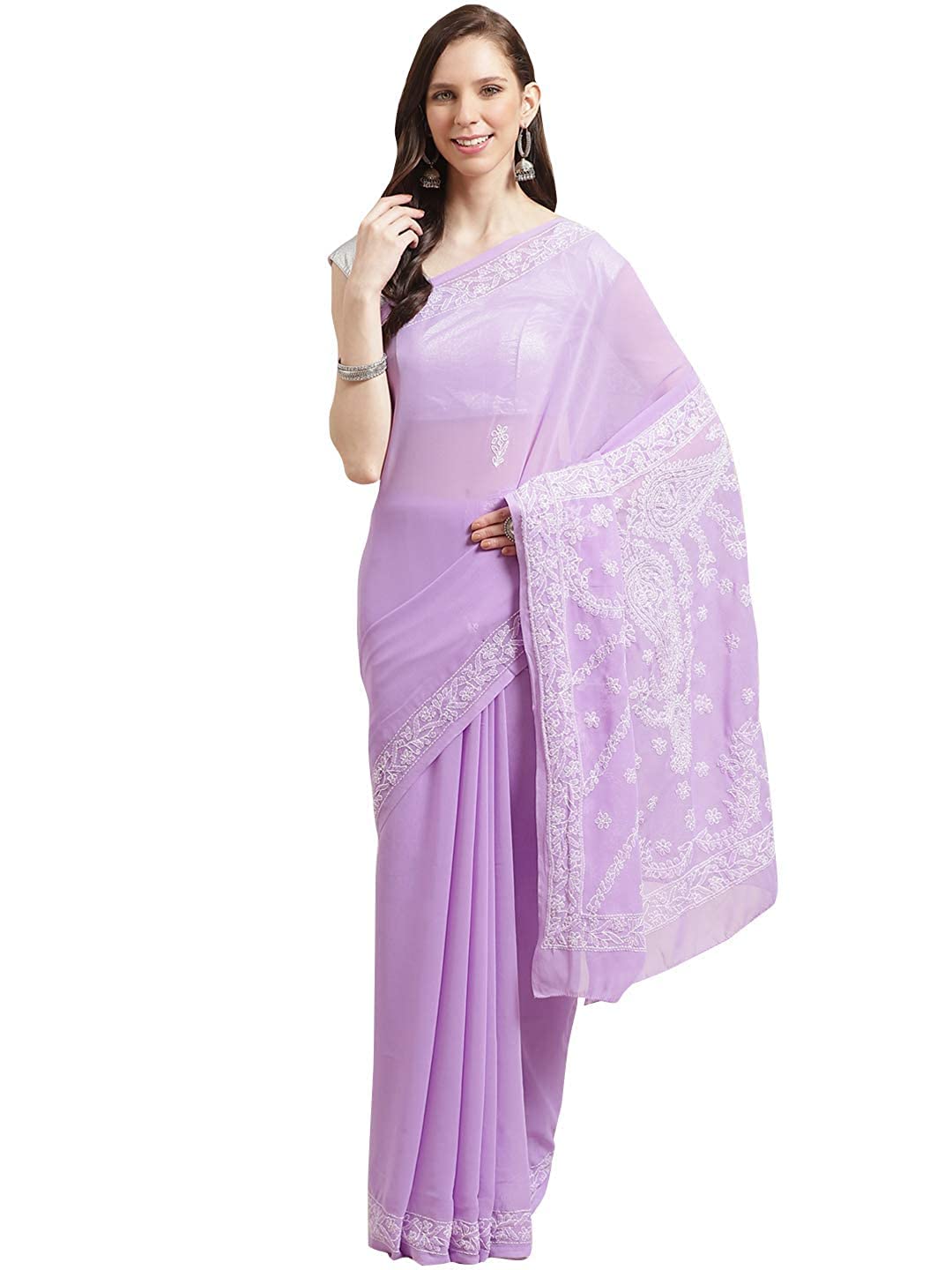 Ada Women's Hand Embroidered Lucknowi Chikan Faux Georgette Saree with Blouse A183248 Mauve