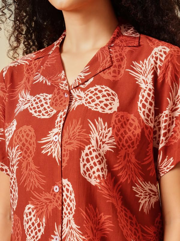 Clovia Women's Rayon Co-ord Nightwear Set – Printed Button-Down Shirt & Shorts | Lounge & Sleep Set (LS0141G06_Brown_XL)