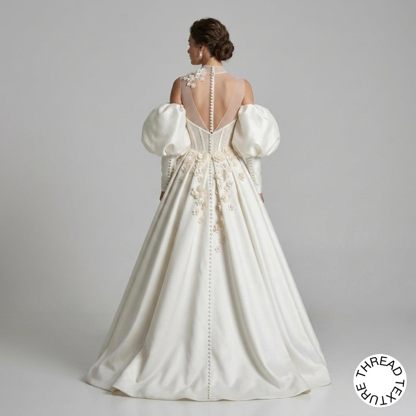 ThreadTexture Women's Avant-Garde Illusion High Neck 3D Floral Appliques Off-the-Shoulder Puff Sleeves High Slit Wedding Gown White (in, Alpha, S, Regular, White, Designer Shivay)