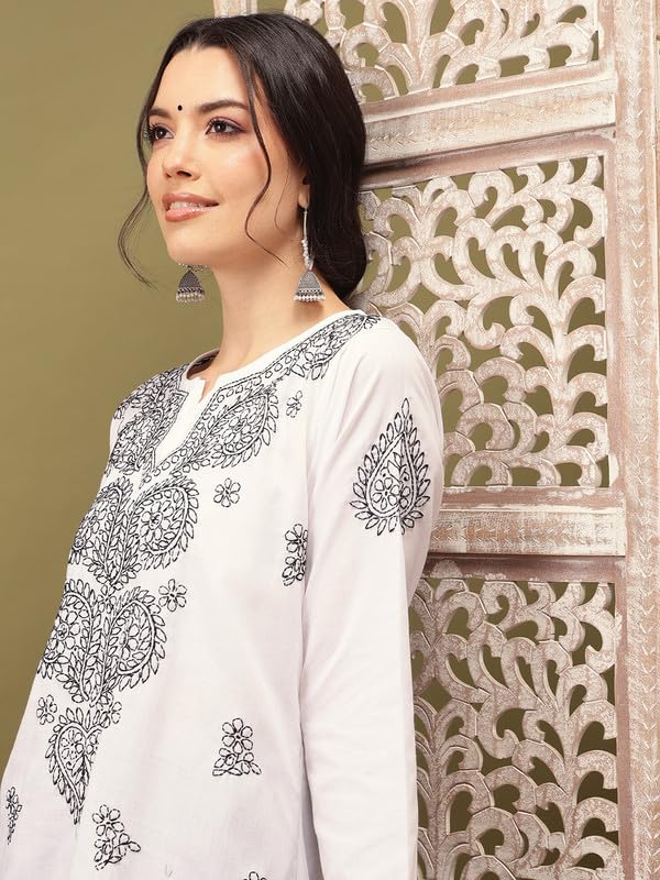 Ada Hand Embroidered Lucknow Chikankari White Cotton Kurta Kurti for Women A411557 (M)