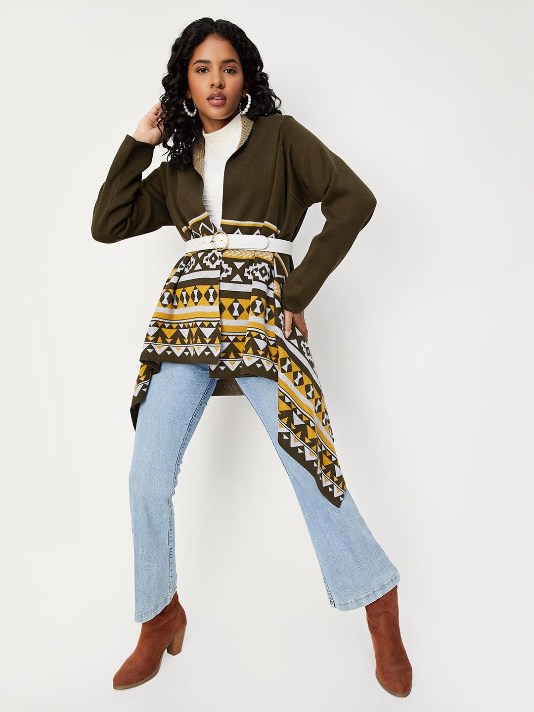 Max Women Argyle Waterfall Shrug (SRG34005OLIVE Green)_M