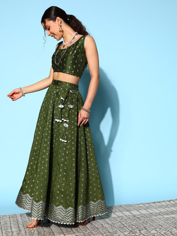 Ahalyaa Women's Silk Blend Lehenga Choli (AHBLDUSK-COMBO-538-FF-SS-25_Dark Green_M)