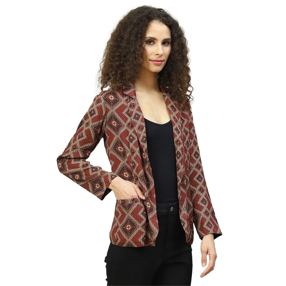 BIBA Women Printed Mix and Match Polyester Blend Standard Length Jacket (WINTER W18761_Brown_34)