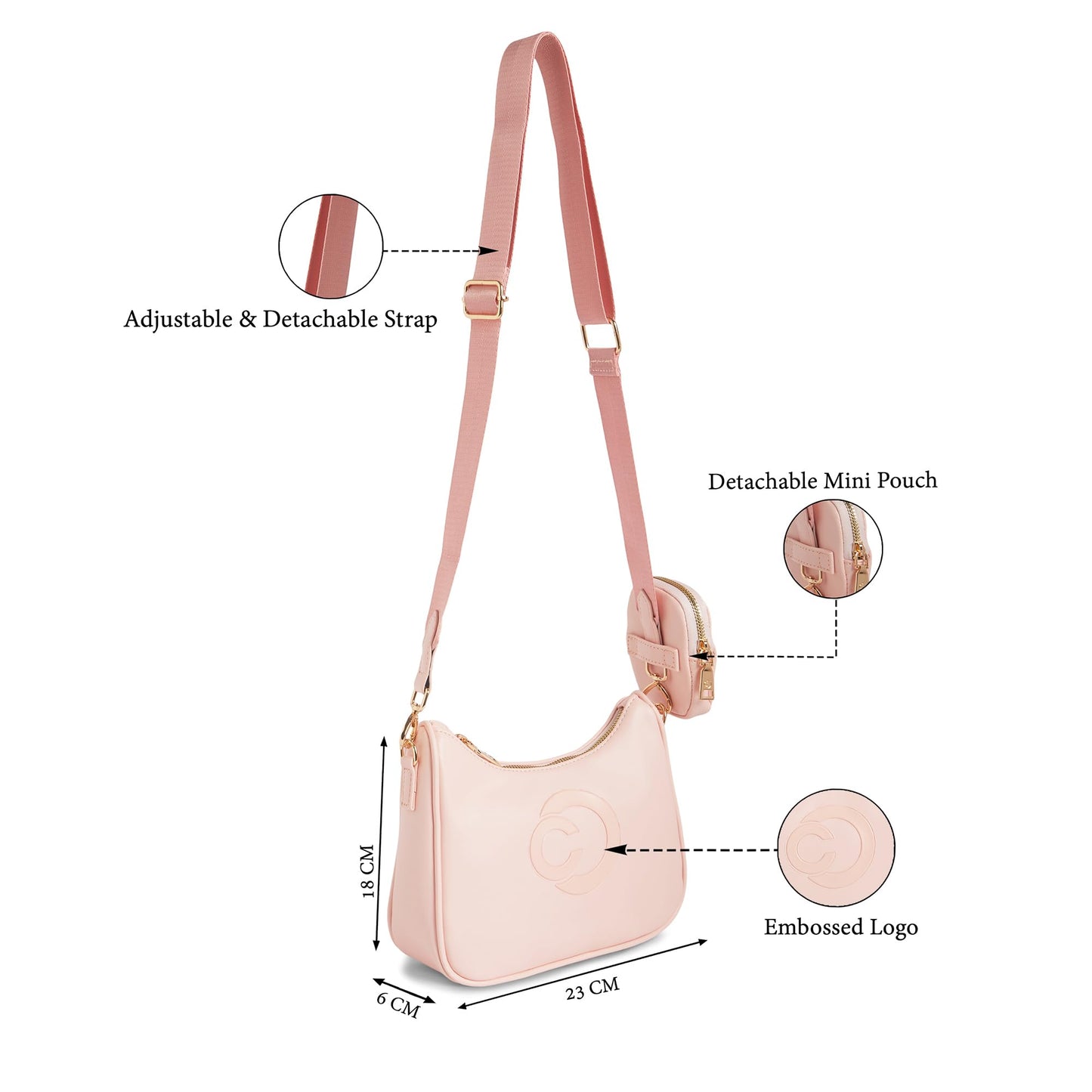 Caprese Monroe Medium Crossbody Bag for Women | Sleek Monogram Sling Bag with Detachable Pouch | Adjustable and Detachable Strap Shoulder Bag for Everyday Use (Blush)