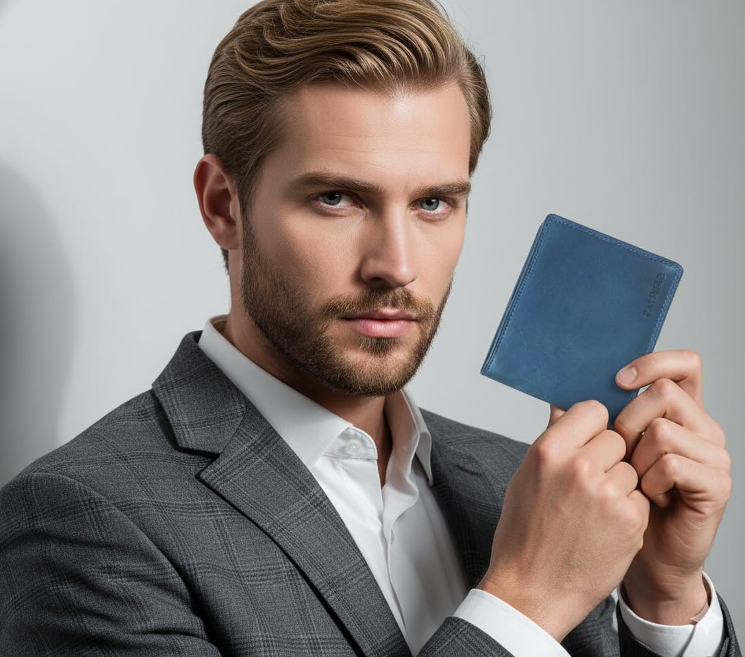 Calfnero Men's Genuine Leather Bifold Wallet-Multiple Card Slots ID Window with Coin Pocket-Navy Leather Wallet