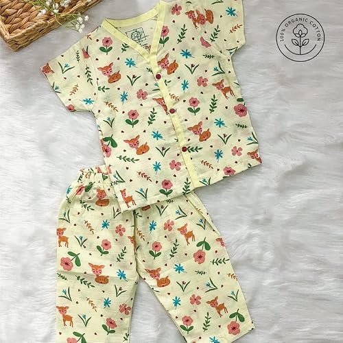 A Toddler Thing 100% Organic Muslin Sleepsuit - Oh My Deer | Yellow | Top & Pants | Size - 3-6 Months | Night Suit for Boys & Girls | Sleepwear Baby Products | Night Wear Pyjama Set | Full Cover Dress