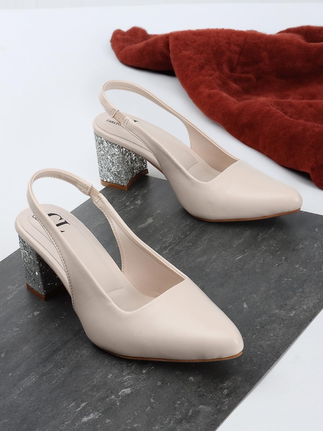 Carlton London Women Cream Stylish Backstap Sandal with Block Heels, Pointed Toe for Party and Formal Occasions (40)