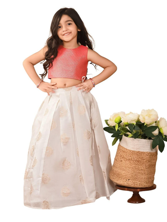 LILPICKS Embossed Sleeveless Blouse with Batik Printed Lehenga Set for Girls (Pink White) (9-10Y)