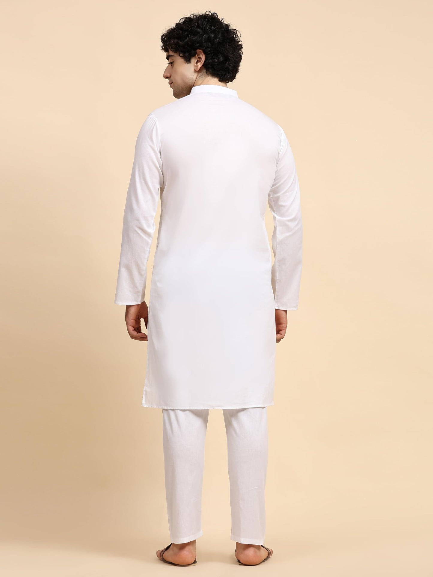 SKAVIJ Cotton Men's Casual Kurta Pajama Set Regular Fit Traditional Dress Yoga Outfit White, Small