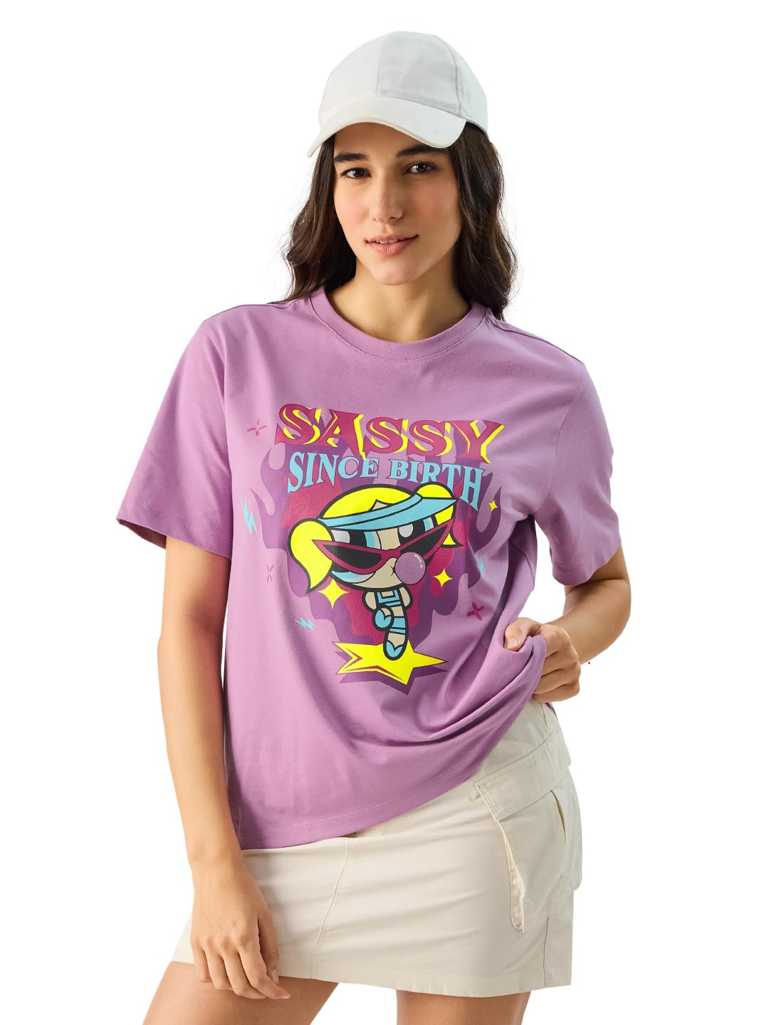 The Souled Store Official Powerpuff Girls: Sassy Since Birth Women and Girls Short Sleeve Round Neck Purple Graphic Printed Cotton Regular Fit T-Shirts