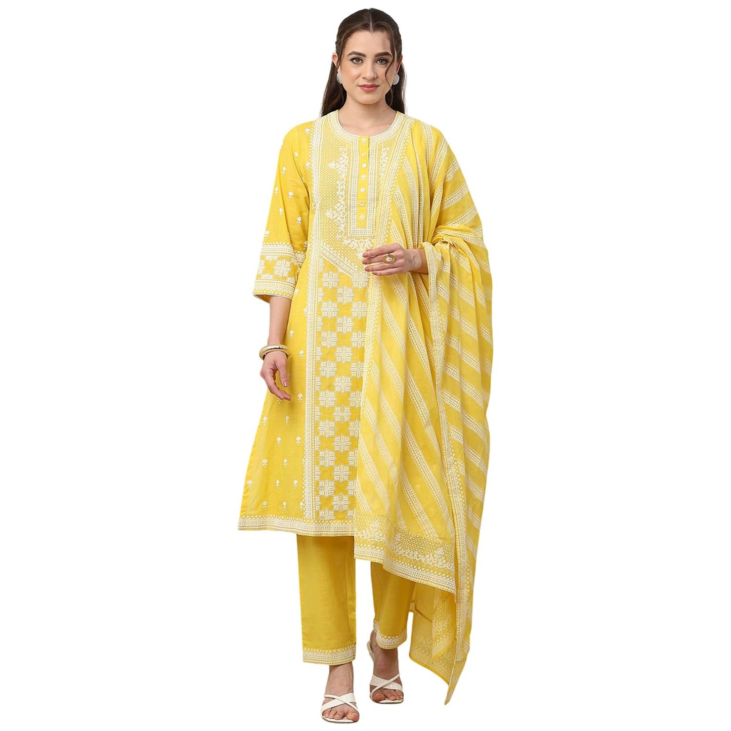 Biba Women Yellow Cotton Straight Suit Set_38
