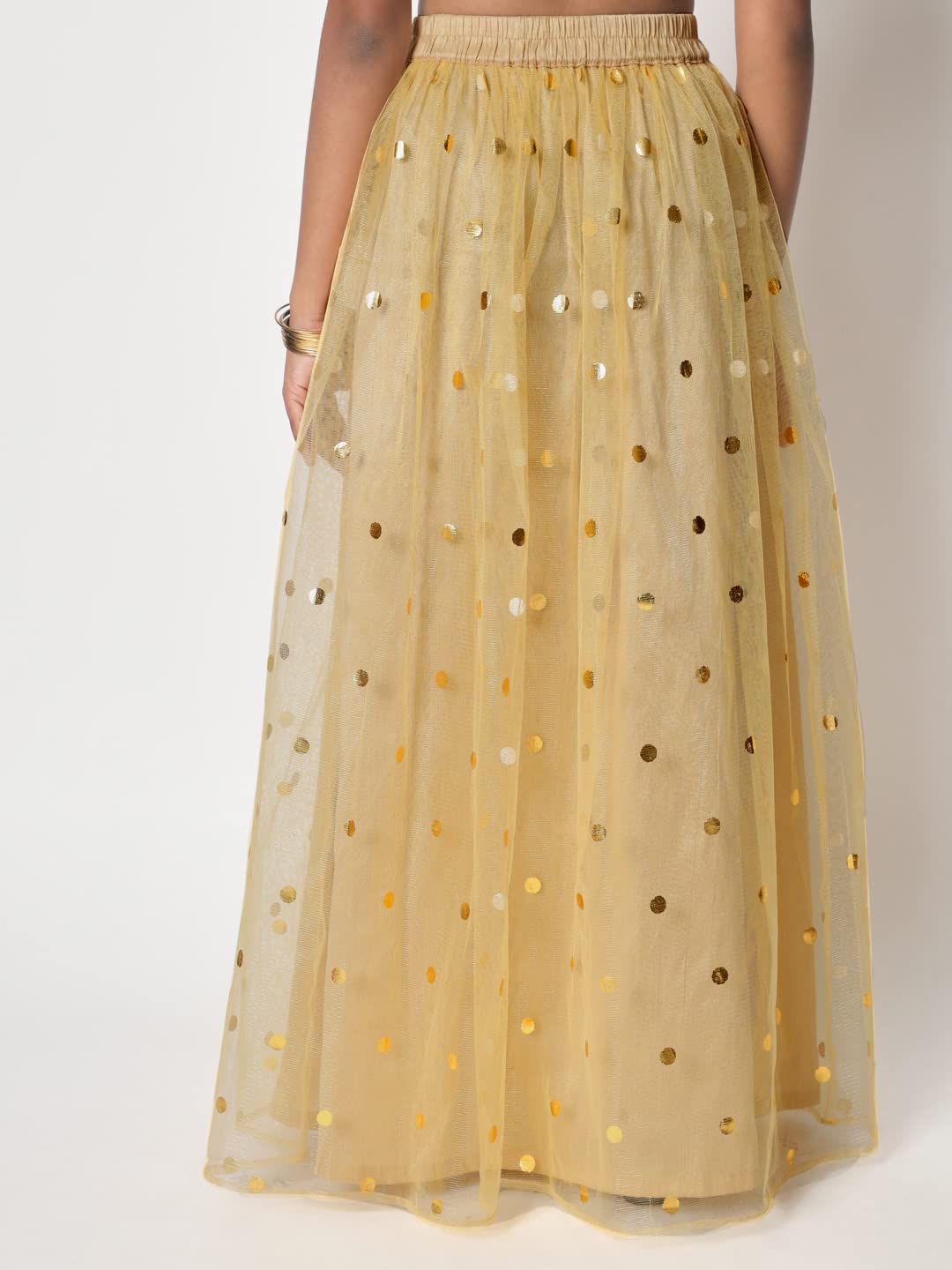 studio rasa Girls Net Polka Foil Printed Kids Gathered Skirt for Festive Wedding Party (GSC12306/7-8_Beige_7-8Y)