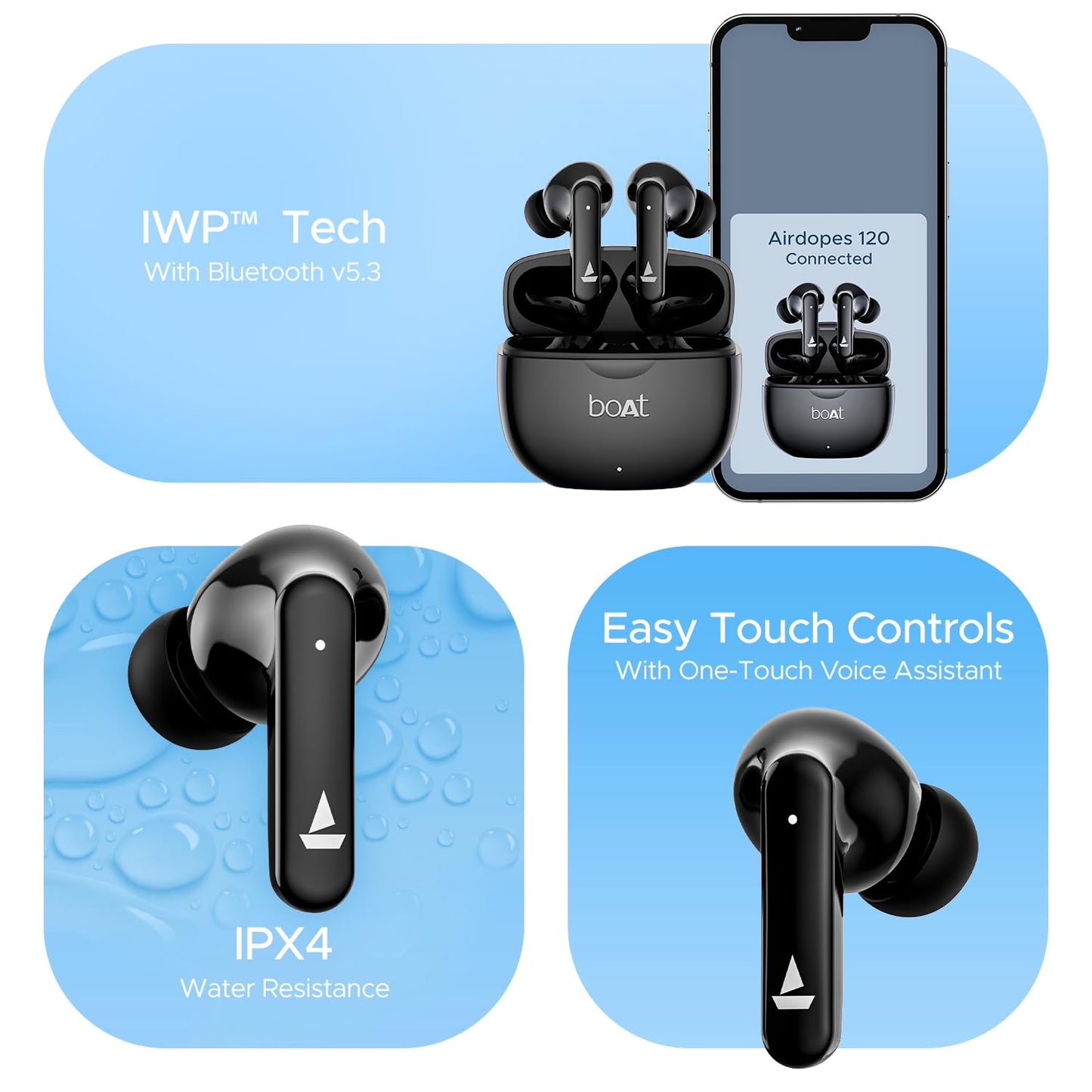 boAt Airdopes 120 TWS Earbuds with in-Ear Detection, 40 hrs Playtime Quad Mics with ENx™ Tech, ASAP™ Charge, IWP™ Tech, Beast™ Mode with 65 ms Low Latency, BTv5.3 & IPX4(Active Black)
