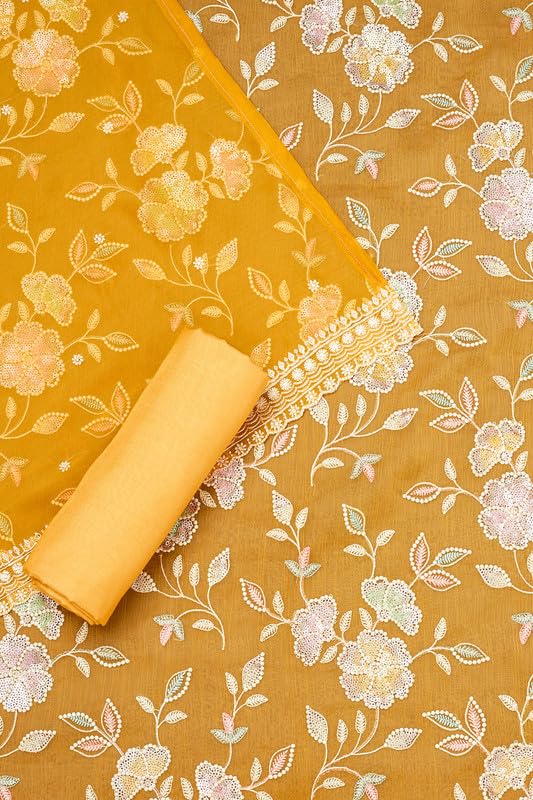 Soch Womens Yellow Crinkle Chiffon Embroidered Unstitch Dress Material With Sequins