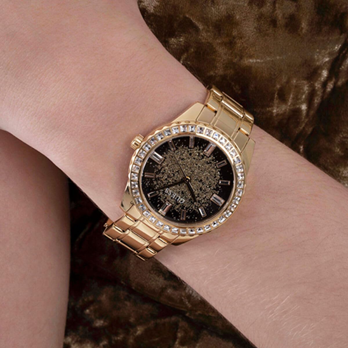 GUESS Stainless Steel Glitter Burst Collection Analog Black Dial Women Watch-Gw0405L2, Gold Band
