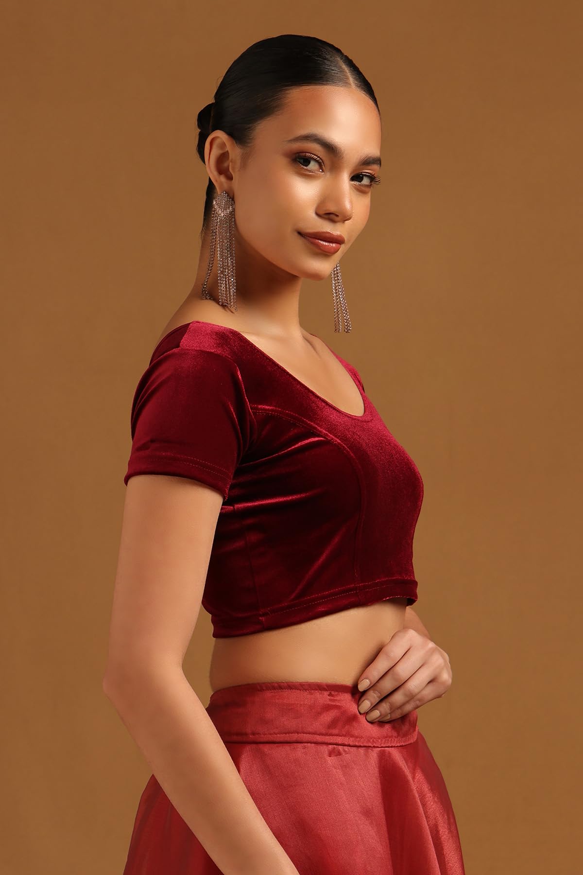 Soch Womens Velvet Half Sleeve Maroon Princess Cut Blouse, Medium