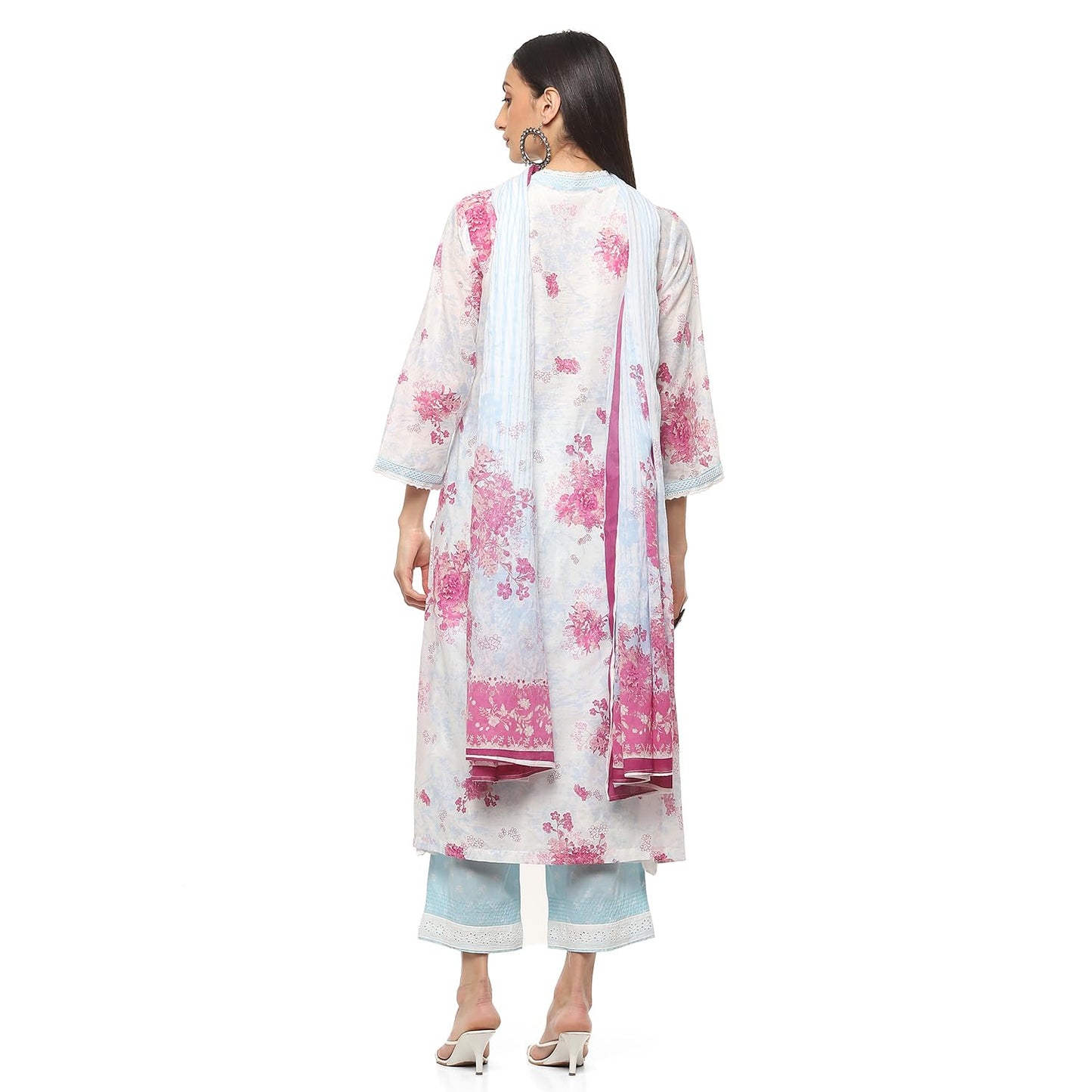 BIBA Women PRINTED LAYERED SALWAR KURTA DUPATTA(SKD9473_OFF WHITE/BLUE_40)