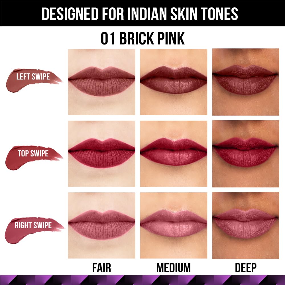 Staze 9To9 3 In 1 Matte Lipstick | 3 Unique Shades In 1 | 12 HRS Long Lasting, Transferproof | Non-Drying Formula With Intense Color Payoff | 01 Brick Pink | 3.8 G