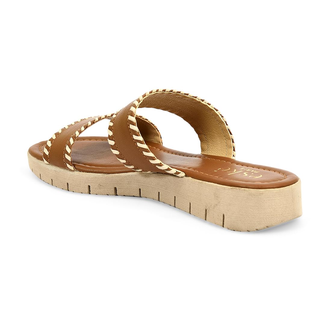 eske Yoda Women’s Leather Slide Sandals – Soft Cushioned Insole – Woven Double Strap Slip-On Flats – Comfortable Daily Wear Sandals for Women – TPR Outsole