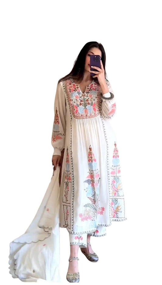 YAZU Women's Georgette Hand Embroidered White Kurta Set with Dupatta | Readymade Kurta with Palazzo Set (Large, White)