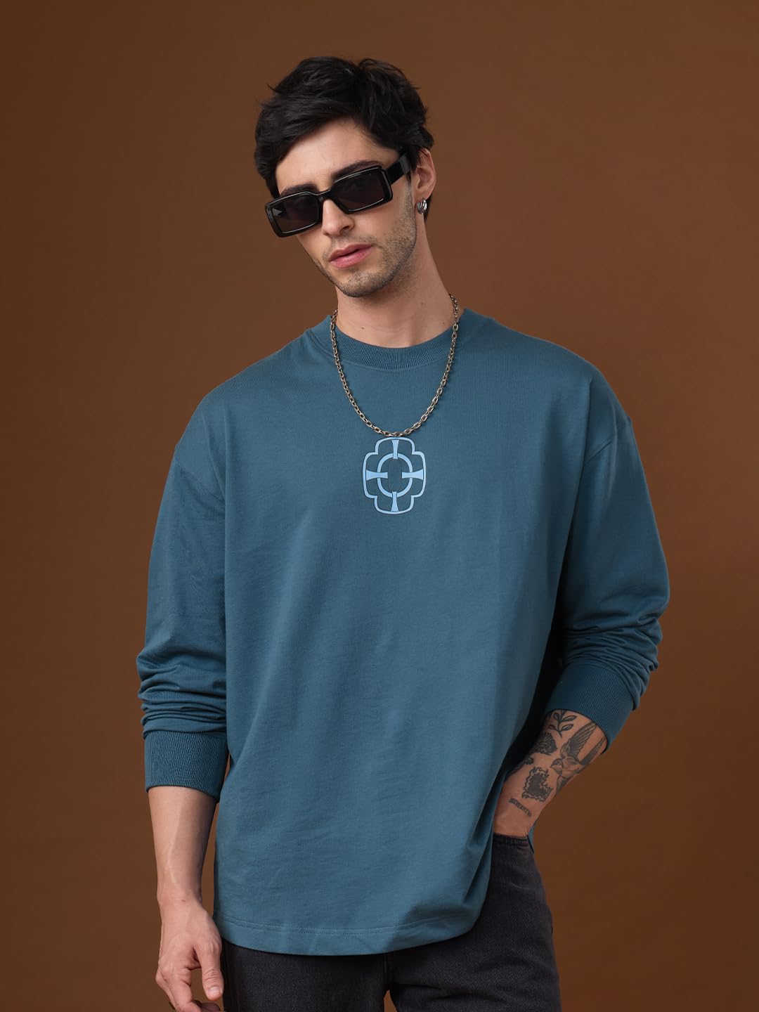 The Souled Store Demon Slayer: Tengen Men and Boys Long Sleeve Round Neck Blue Graphic Printed Drop Shoulder Casual Anime Streetwear Oversized T-Shirt