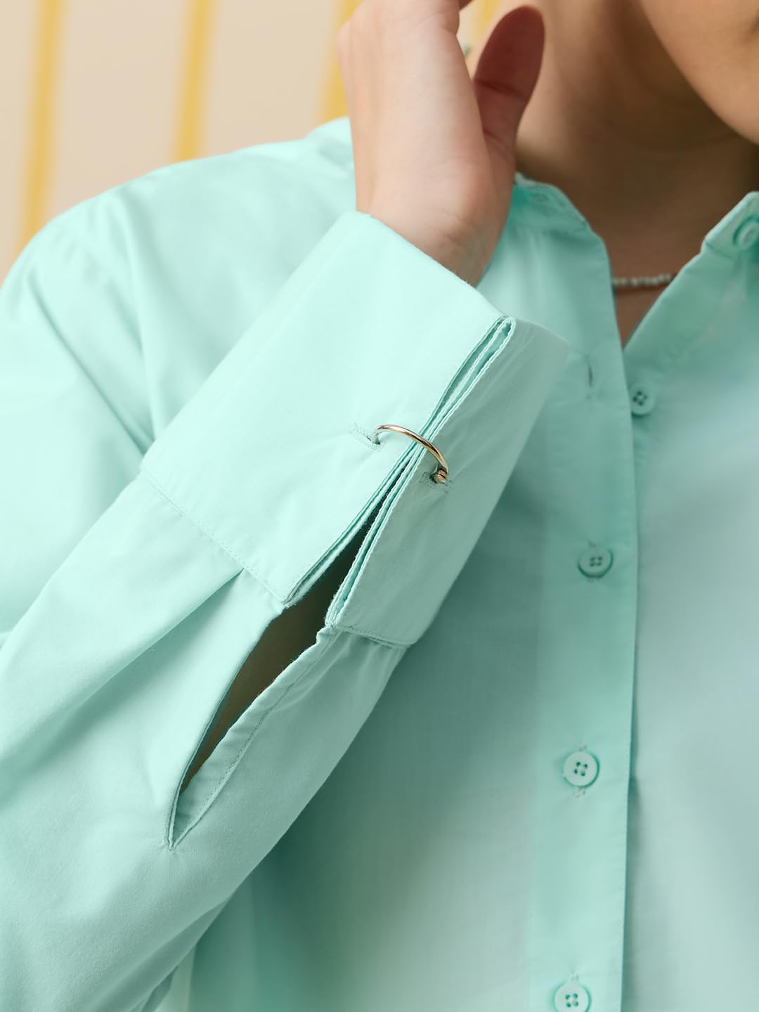 The Souled Store Easy Solids: Spearmint Women and Girls Full Length Spread Collar Mint Green Solid Cotton Blend Relaxed Fit Metal Ring Detail Wrinkle-Resistant Lightweight Everyday Shirt