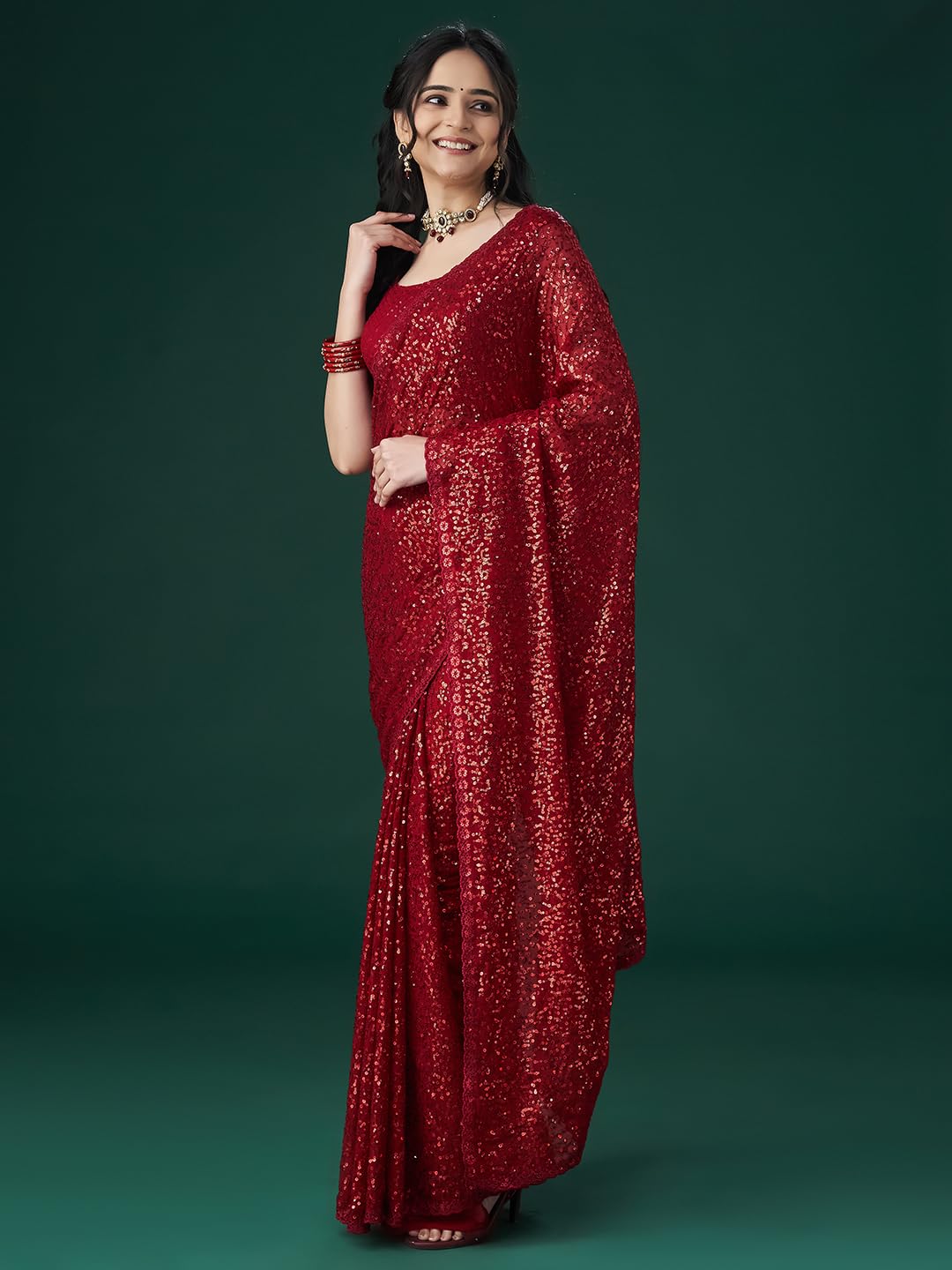 Kasee Women Embellished Sequinned Saree with Blouse Piece (Cherry)