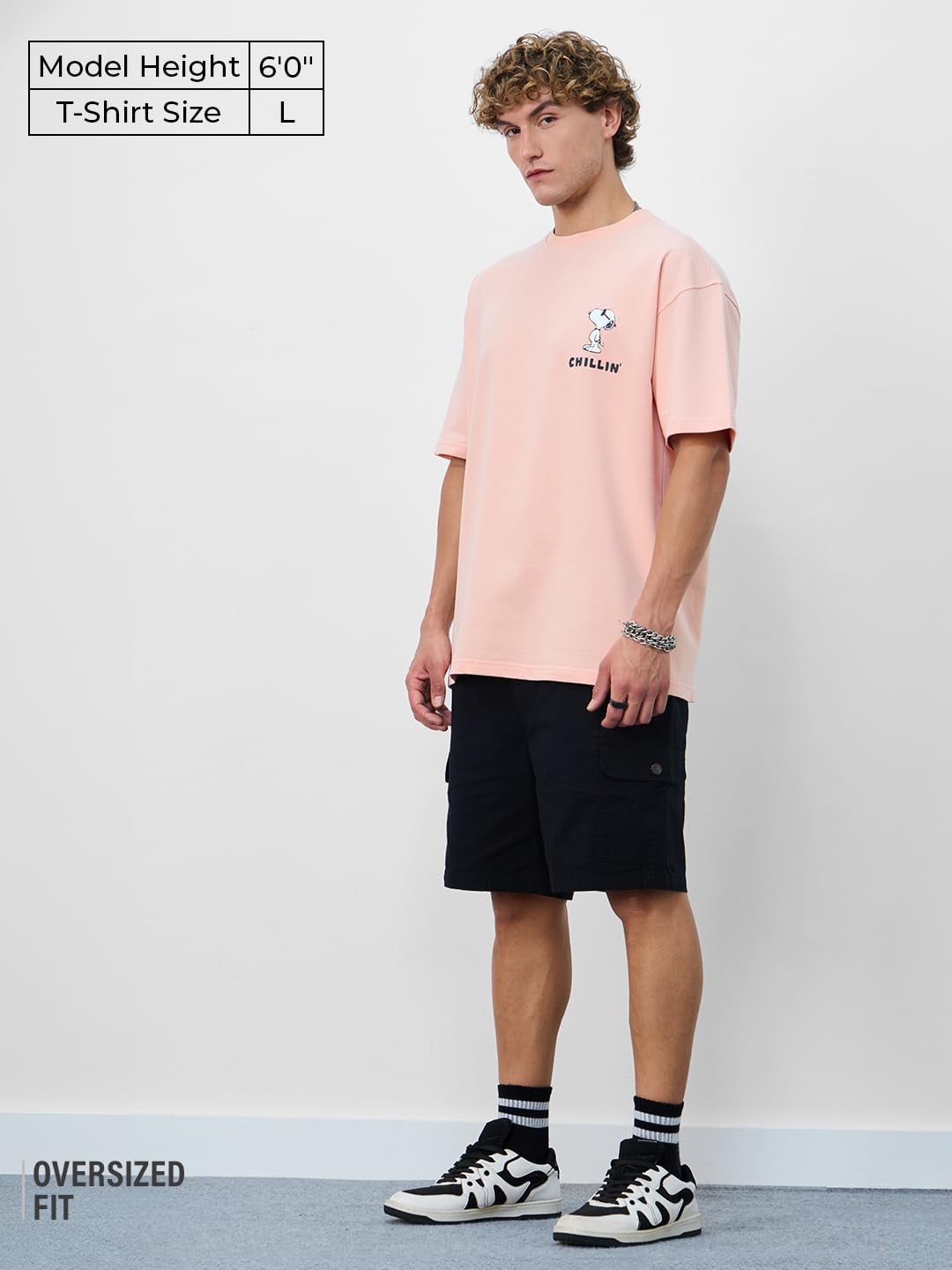 The Souled Store|Mens & Boys Official Round Neck|Peanuts Chillin Pink Color Printed|Half Sleeve Oversized|100% Cotton T-Shirts