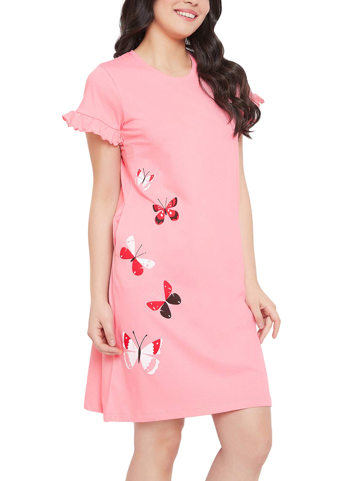 Clovia Women's Cotton Printed Knee Length Nighty (NS1340A22L_Pink_L)