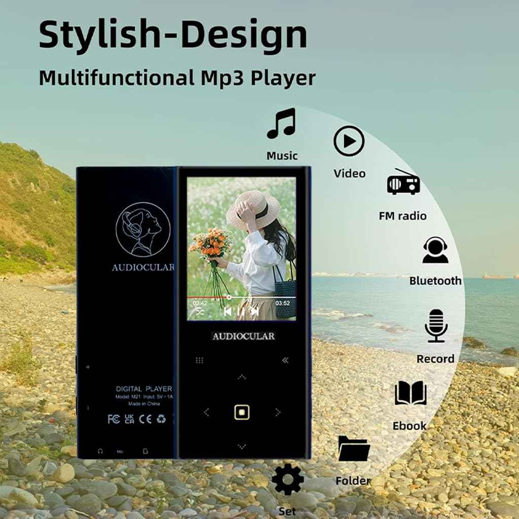 AUDIOCULAR M21 16GB Portable Mp3 Music Player with Bluetooth, 2.4” LCD Touch Screen, Video Playback, Built-in Speaker, Voice Recording Function Mini HiFi Player, Ideal for Travelling (16GB - Black)