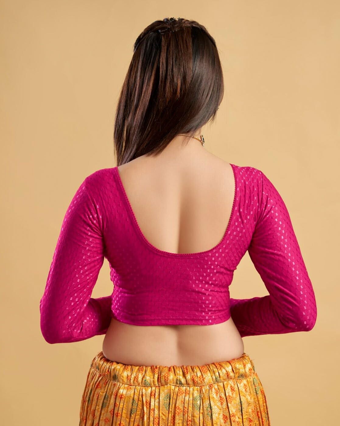 EVELIX Stylish Women's Full Sleeve Blouses: Stretchable, Breathable Dobby Cotton, Round Scoop Neck Designs Perfect for Saree & Choli Blouse for Women (44, Magenta Pink)