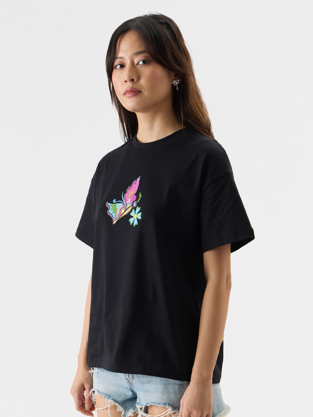 The Souled Store Wild & Free Women Oversized T-Shirts Oversized T Shirts for Women T-Shirt Girls Cotton Casual Half Sleeves Baggy Loose Fit Drop Shoulder Round Neck Back Printed Tshirt Branded