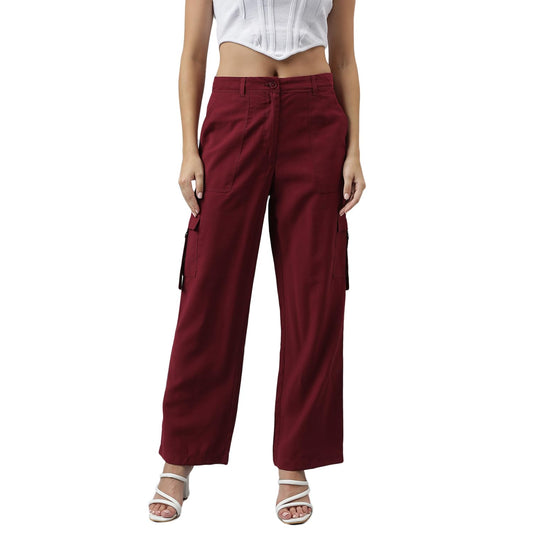 Latin Quarters Women Solid Casual Maroon Straight Pants_M