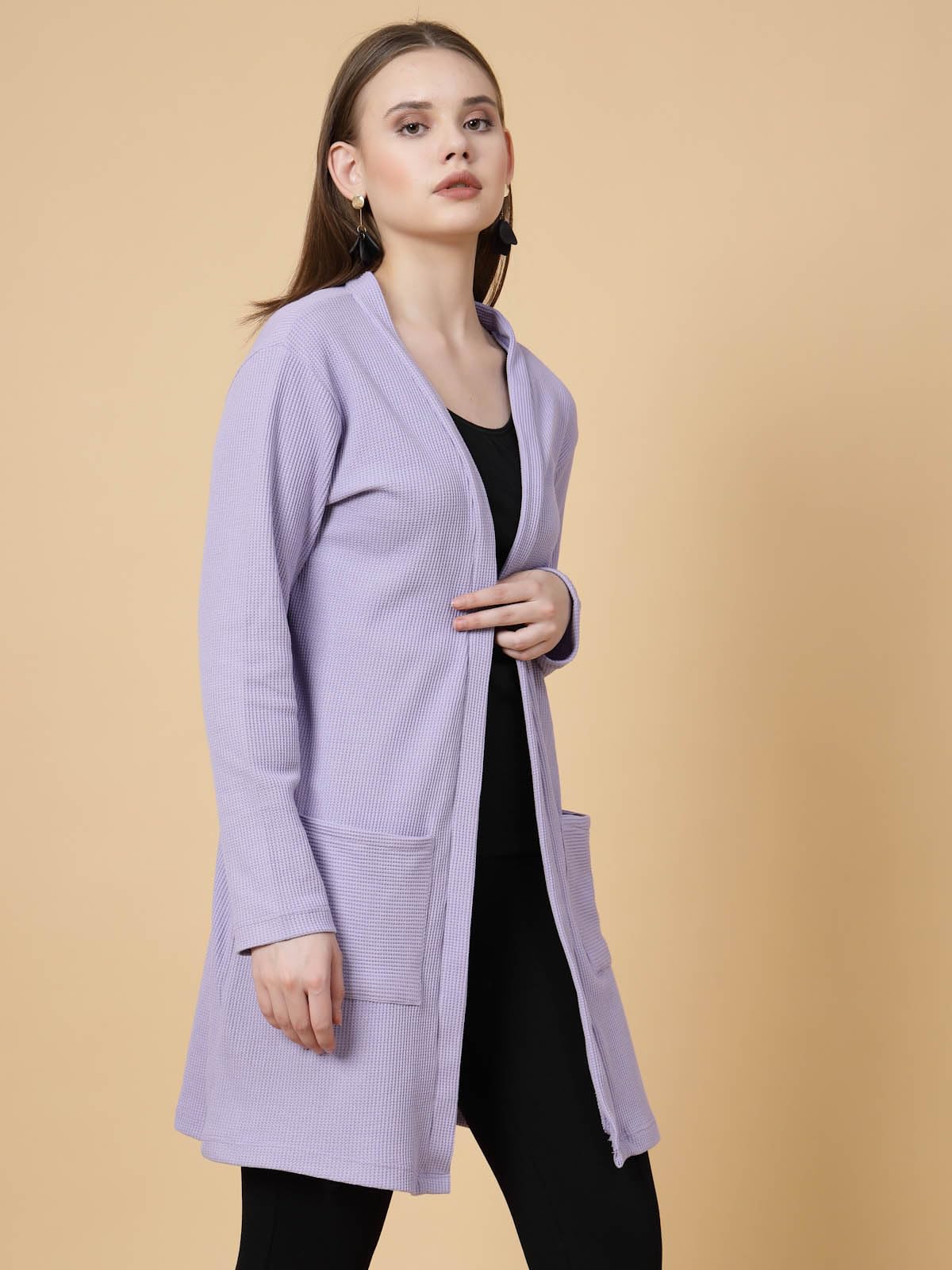 Rigo Cotton Front Open Shrug for Women | Stylish, Slim Fit, Long | Casual Wear, Solid Full Sleeves With Pockets (Light Purple, Free Size)