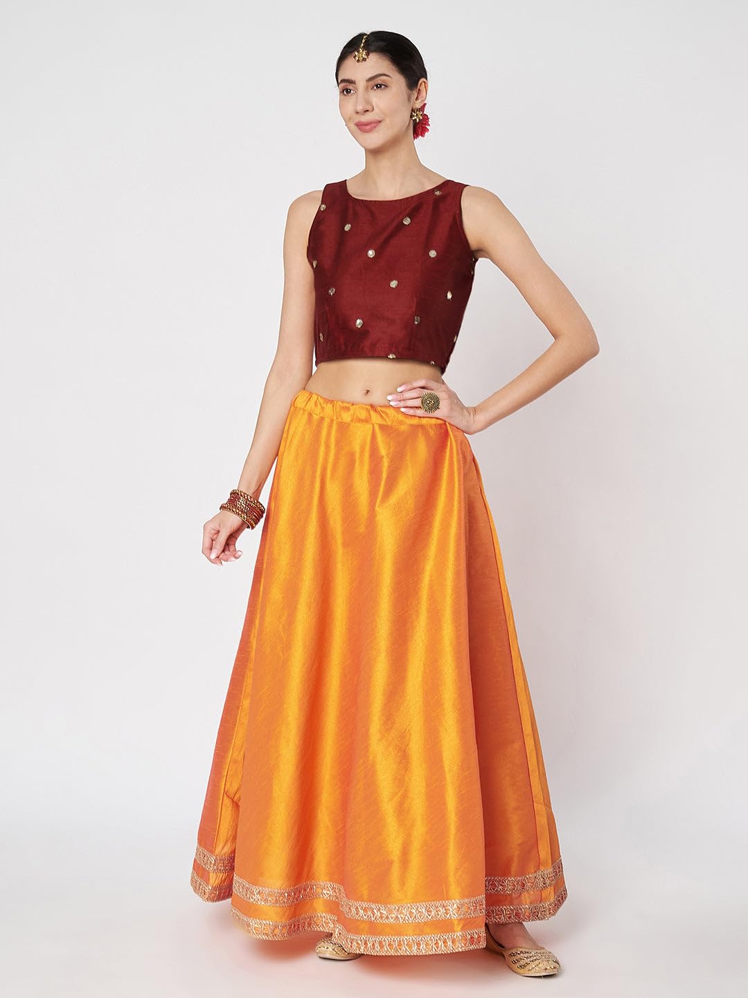 studio rasa Women's Dupion Solid Embellished Bias Skirt for Festive Party Wedding (SKTC42501XL_Orange_X-Large)