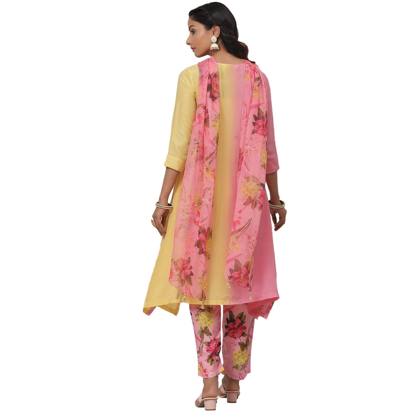 BIBA WOMEN PRINTED NARROW SALWAR KURTA DUPATTA(SKDCANDY KU7888_YELLOW-PINK_40)