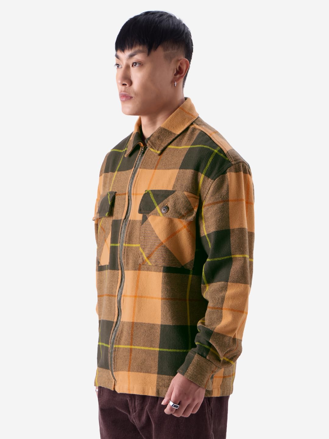 The Souled Store Ochre Vibes Men and Boys Long Sleeve Zipper Front Oversized Fit Cotton Flannel Shackets Men's Flannel Shirt Winter Plaid Thick Jackets Shackets for Men Outerwear Layering Shirts