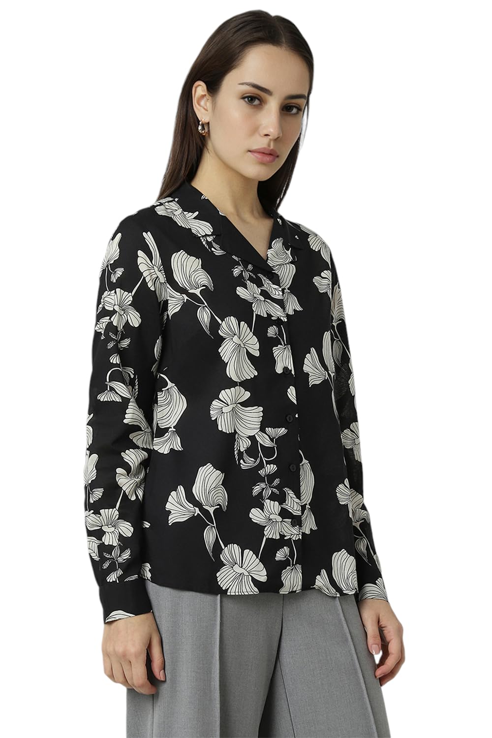 Women Black Print Long Sleeves Formal Shirt