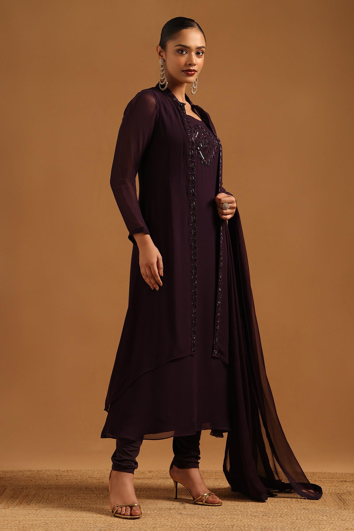 Soch Womens Wine Georgette Solid Salwar Suit With Beads And Stones