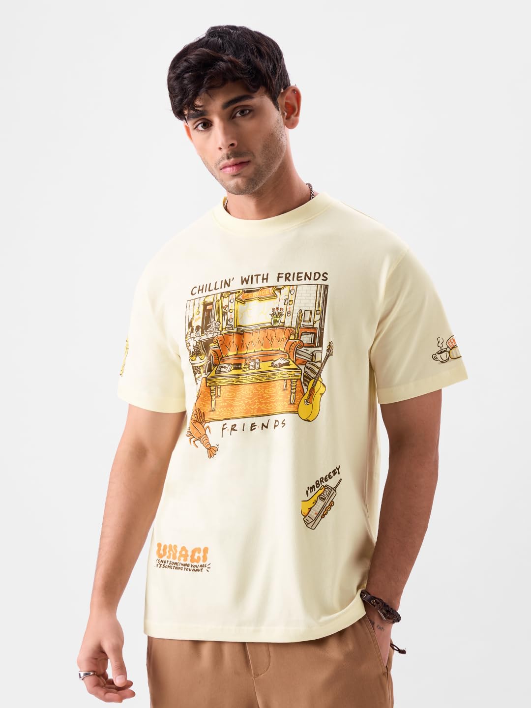 The Souled Store Official F.R.I.E.N.D.S: Chillin' Men and Boys Regular Fit Half Sleeve Graphic Printed Cotton Yellow Color T-Shirt