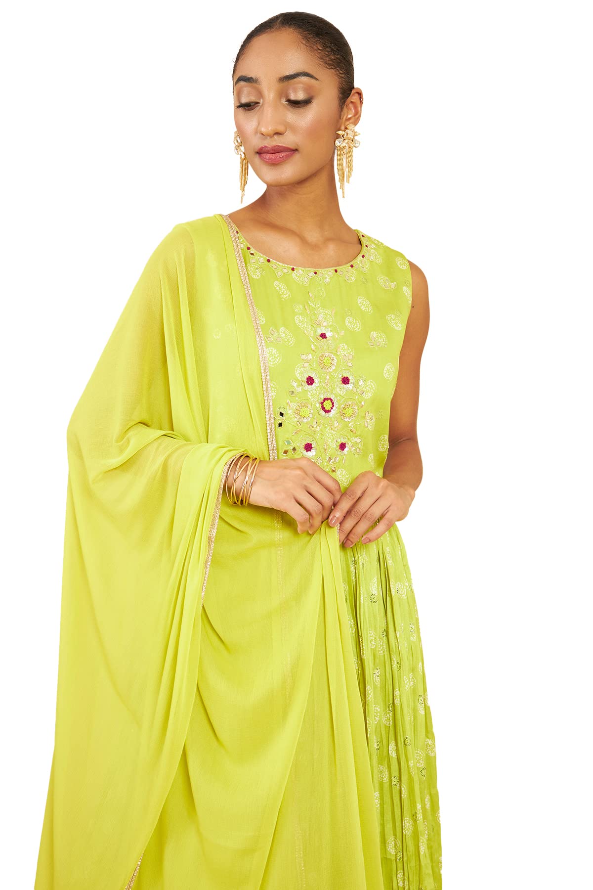 Soch Women Green Art Silk Abstract Print Gown
